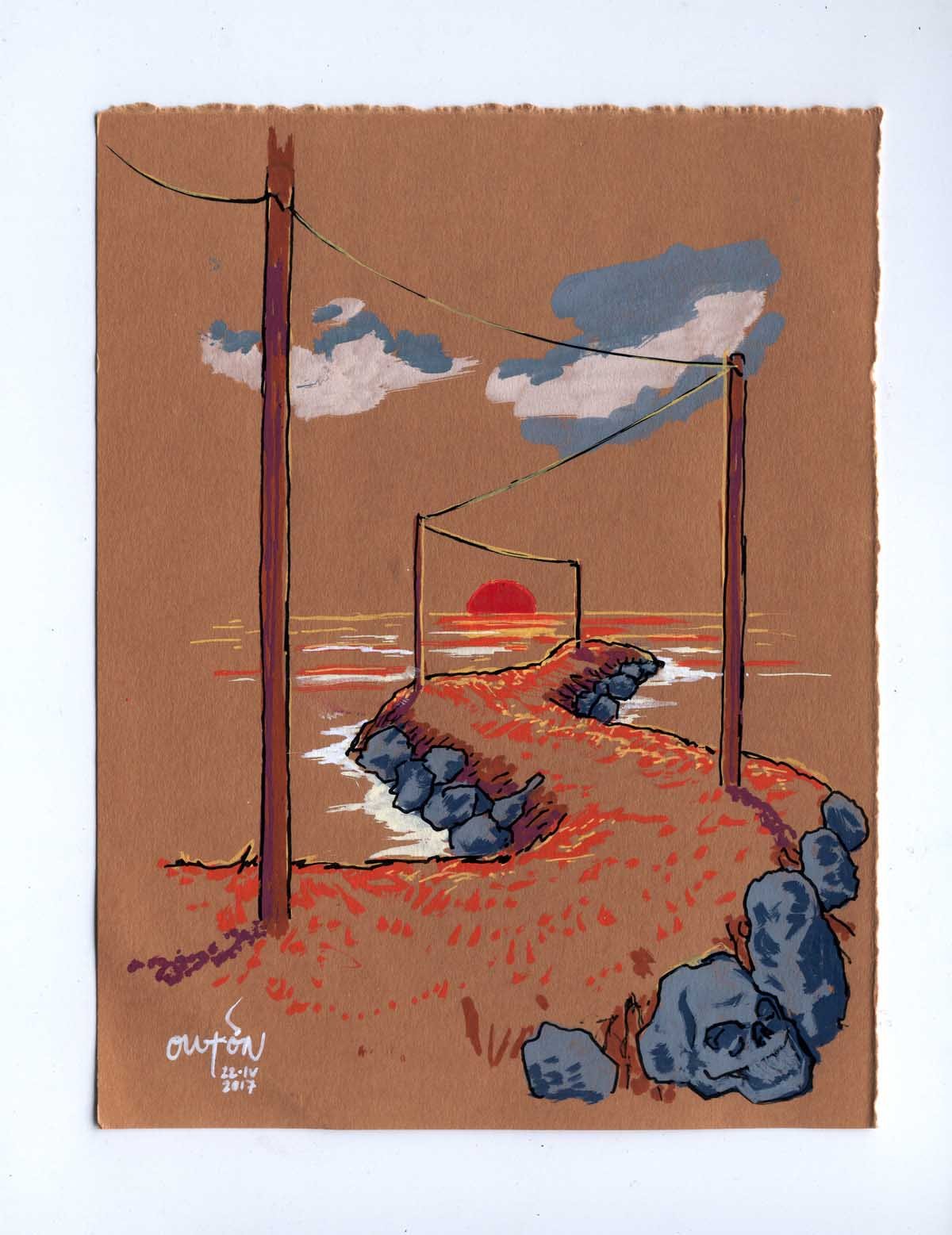 Dibujo de una puesta de sol sobre el mar, fondo marrón, un camino cercadi de calaveras
